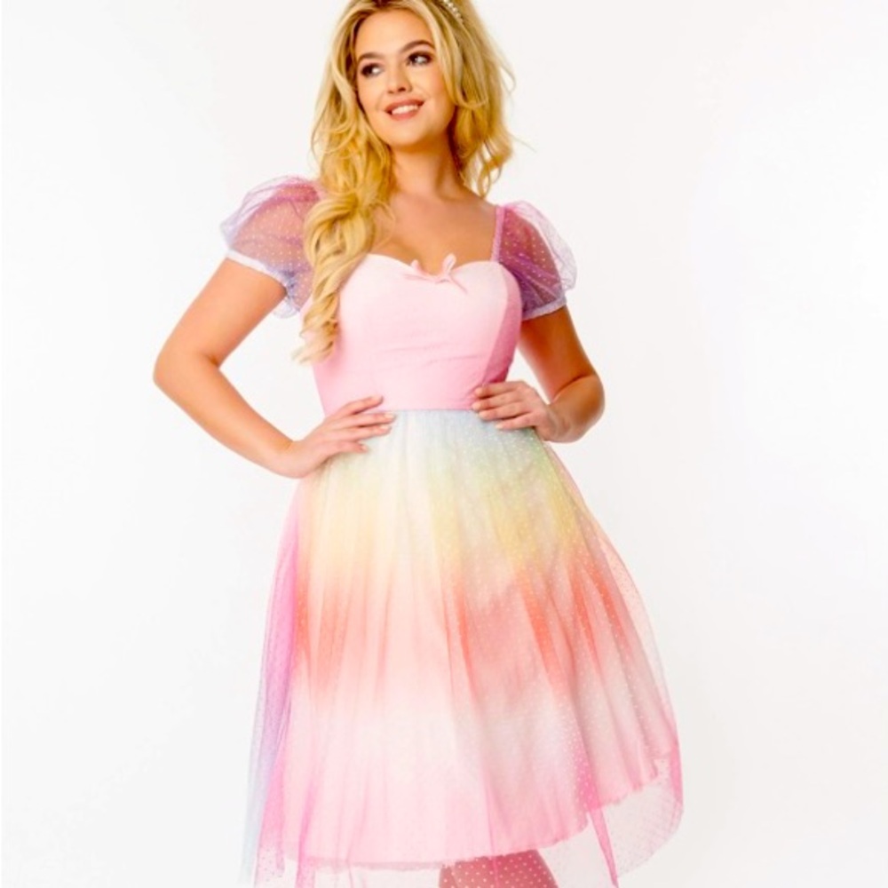 Unique Vintage 1950s Pastel Rainbow Ombre Dot Tulle Sweetheart Fit & Flare Dress